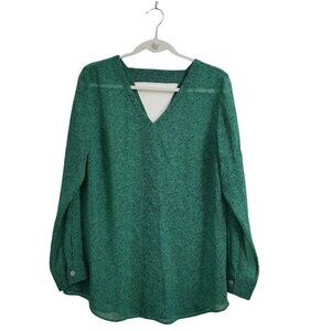 CAbi Blouse Medium Green‎ Paisley Print Bountiful Sheer Cut-Out Back Top